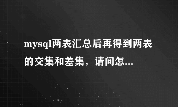 mysql两表汇总后再得到两表的交集和差集，请问怎么实现？