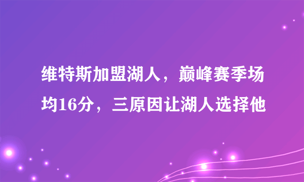 维特斯加盟湖人，巅峰赛季场均16分，三原因让湖人选择他